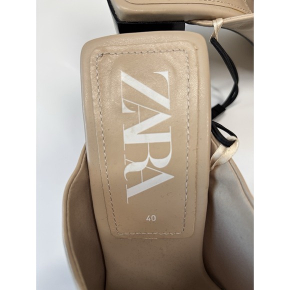 Zara Leather Sandals Womens 40 Beige Tan Heels Mules Squared Toe Slip On 90s Y2K - Picture 6 of 7
